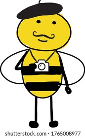cartoon cute bee with mustache , beret, and holding camera. Creative artistic bee