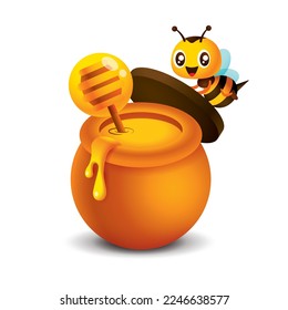 Caricatura de una linda abeja abre la tapa de la olla de miel. Miel sumergida en una olla de miel natural. Ilustración de carácter de vector