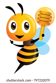 Cartoon cute bee pointing and holding a honey dipper. vector illustration isolated 