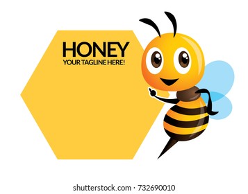 Cartoon cute bee pointing to honeycomb signage or signboard. Vector character illustration isolated