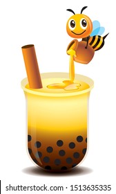 Cartoon cute bee pouring the honey from pot into the bubble tea cup. Fresh Honey Bubble Tea - vector illustration