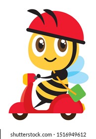 Cartoon cute bee rides a red scooter for delivery service, carries a green bag. Cute bee wears a red helmet. - Flat art vector character