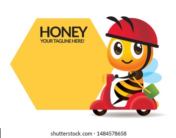 Cartoon cute bee rides scooter delivery with big signage or signboard - vector