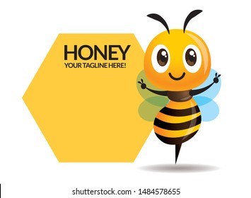 Cartoon cute bee showing victory hand signs with big signboard - vector character