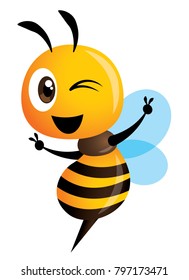 Cartoon cute bee showing victory sign hand. vector character mascot