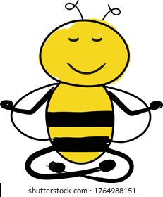 cartoon cute bee sitting and meditating. Peaceful bee in a yoga pose