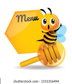 Cartoon cute bee sitting on the honey dipper with big menu board. - Vector mascot 