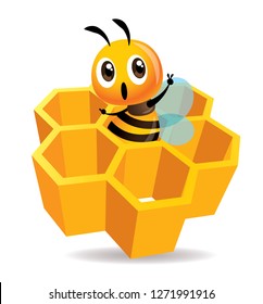 Cartoon cute bee stay inside the honey cell. 3D honey cells. Honeycomb vector illustration isolated