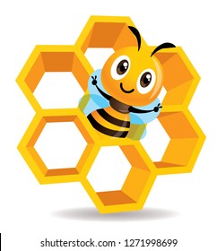 Cartoon cute bee stay inside the honey cell. 3D honey cells. Honeycomb vector illustration isolated