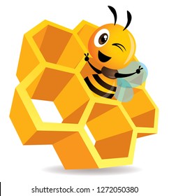 Cartoon cute bee stay inside the honey cell. 3D honey cells. Honeycomb vector illustration isolated