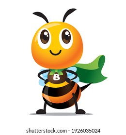 Cartoon cute bee with superhero costume ready to save the world. Cute bee with green cloak protect the natural environment. Public awareness - vector