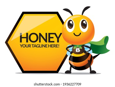 Cartoon cute bee with superhero green cloak costume and stand beside big honeycomb signage. Vector cartoon