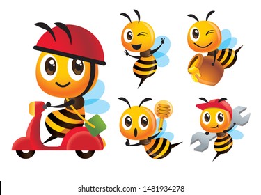 Cartoon cute bee vector mascot variety poses set. Cartoon cute bee rides scooter delivery, bee holds a honey dipper, wears cap, carries honey pot, carries a spanner tool - Bee Vector character set