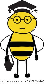Cartoon cute bee wearing glasses and academic. Bee smart. Wise bee holding book.