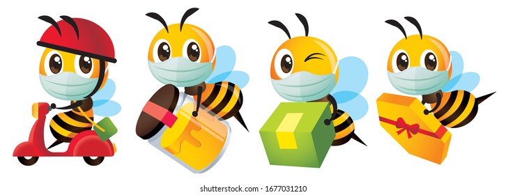 Cartoon cute bee wearing protective surgical mask for delivery to protect against disease and bacteria - Vector character mascot set