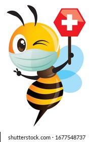 Cartoon cute bee wearing protective surgical mask and holding a medical cross on honey shape signage. Bee is fighting the bacteria and disease - vector illustration isolated