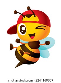 Caricatura linda abeja con gorro de paro rojo con manos y piernas abiertas saltando ilustración de pose