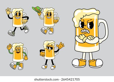 Cartoon cute beer mug Oktoberfest characters with expressive faces and poses in retro vintage comic style