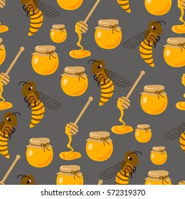 Cartoon cute bees and jars of honey. Seamless pattern. Vector illustration.