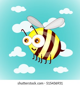 Cartoon cute bees on sky with clouds vector illustration