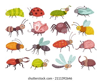 Cartoon cute beetle. Little bug, insects funny characters. Children gardening wild animal. Isolated insect flying. Ladybug, dragonfly and spider, neoteric vector clipart