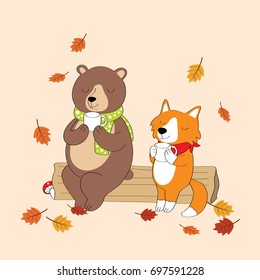 Cartoon cute big bear and little fox drink coffee happily in autumn vector.