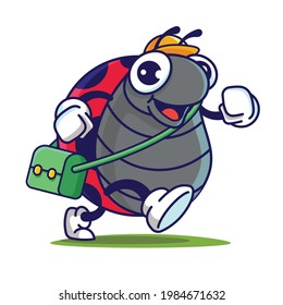 Cartoon cute big eyes ladybugs with yellow cap carrying school bag ready back to school