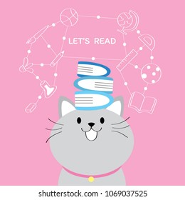 Cartoon cute big gray cat and  books on head vector.