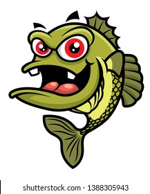 Cartoon Cute big red eyes bass fish character open big mouth - vector mascot