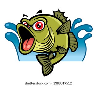 Cartoon Cute big red eyes bass fish character. Water splash background - vector mascot 