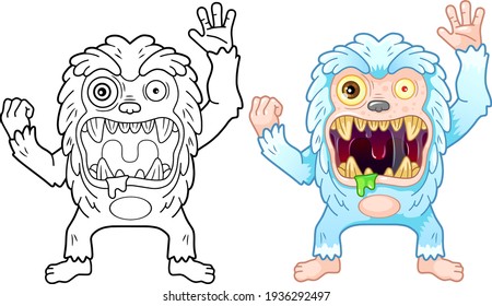 cartoon cute bigfoot monster, coloring book, funny illustration