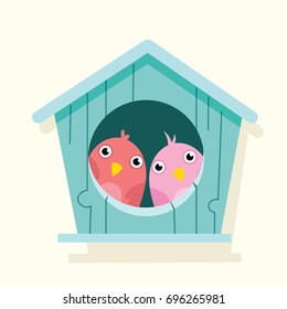 cartoon cute bird in birdhouse