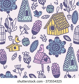 cartoon cute birdhouse pattern abstract flowers leafs