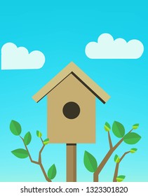 Cartoon cute birdhouse. Spring vector illustration