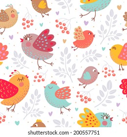 Cartoon cute birds seamless pattern on white background