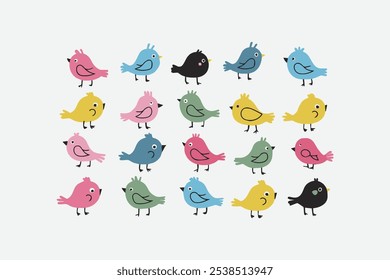 Pájaros lindos de la historieta fijan la Ilustración vectorial en un fondo blanco, pájaros coloridos de la primavera fijados, fácilmente editables 