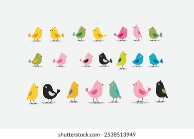 Pájaros lindos de la historieta fijan la Ilustración vectorial en un fondo blanco, pájaros coloridos de la primavera fijados, fácilmente editables 