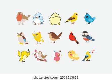 Pájaros lindos de la historieta fijan la Ilustración vectorial en un fondo blanco, pájaros coloridos de la primavera fijados, fácilmente editables 