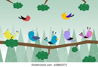 Cartoon cute birds is sitting on branch in the forest. Linear seamless illustration