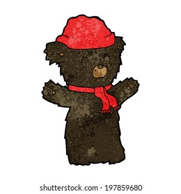cartoon cute black bear in hat and scarf