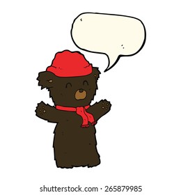 cartoon cute black bear in hat and scarf with speech bubble