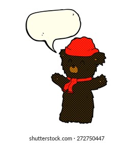 caricatura lindo oso negro con sombrero y bufanda con burbuja de habla