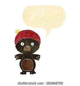 cartoon cute black bear in hat with speech bubble