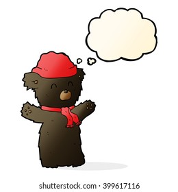 cartoon cute black bear in hat and scarf with thought bubble
