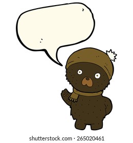 cartoon cute black bear in winter hat and scarf with speech bubble