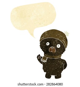 cartoon cute black bear in winter hat and scarf with speech bubble