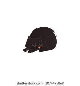 Cartoon cute black cat animal sleeping curled up front view. Funny hand drawn kitten pet. Domestic adorable feline kitty character, design element. Vector illustration isolated.