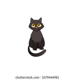 Cartoon cute black cat animal sitting, front view. Funny hand drawn kitten pet. Domestic adorable feline kitty character, design element. Vector illustration isolated.