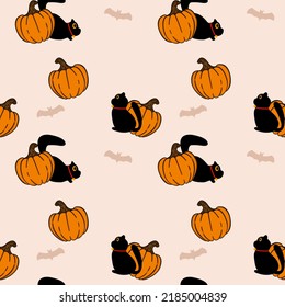 Cartoon so cute black cat bat and pumpkin.for halloween.pattern seamless vector and illustration.