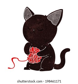 cartoon cute black cat playing with ball of yarn